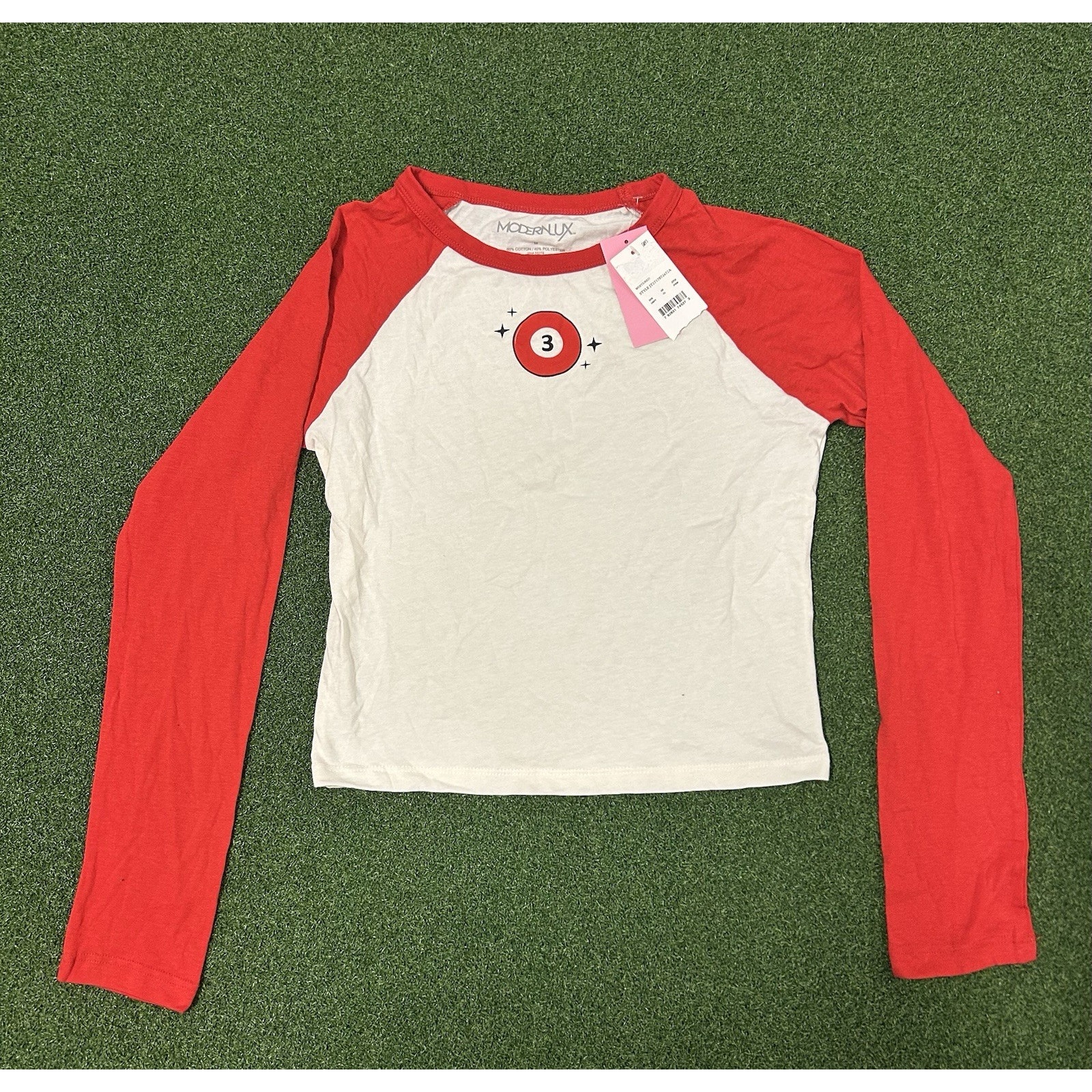 Modern Lux Red And White 3 Ball Long Sleeve Cropped Shirt Size Womens M
